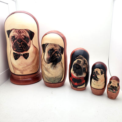 5 images of pug poppy in stacking doll  