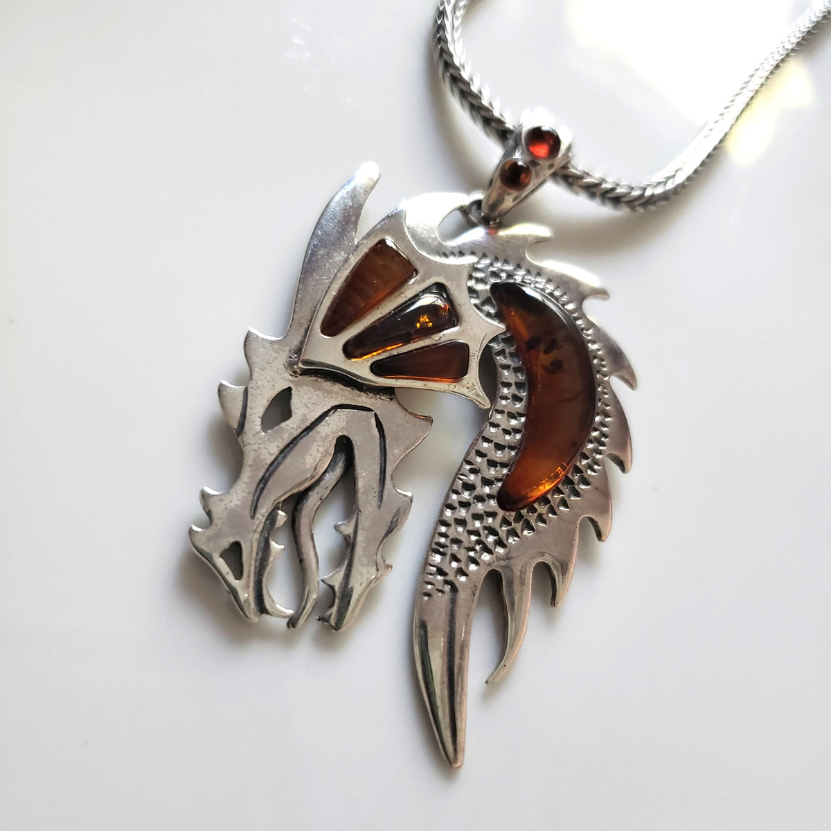 Dragon Sterling Silver Large Pendant with Amber Gift for Men and Women