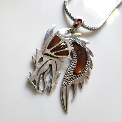 silver amber dragon necklace