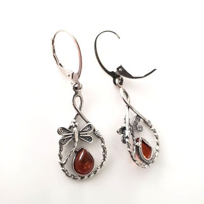 dragonfly silver earrings with amber