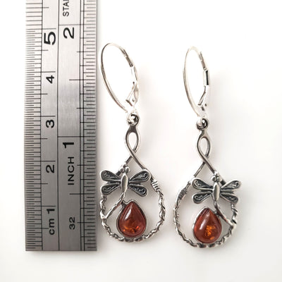 long silver dragonfly earrings with amber