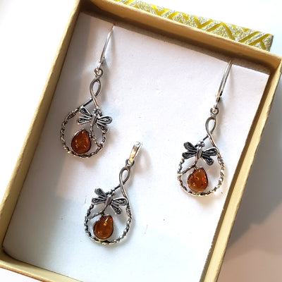 dragonfly sterling silver earrings pendant set with amber