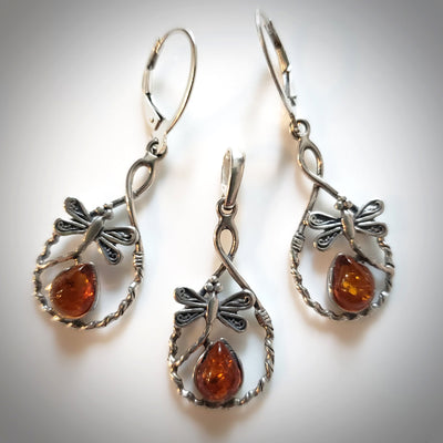 dragonfly sterling silver earrings pendant set with amber