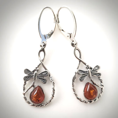 dragonfly silver earrings with amber