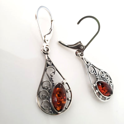 Filigree Sterling Silver Earrings with Natural Baltic Amber BuyRussianGifts Store