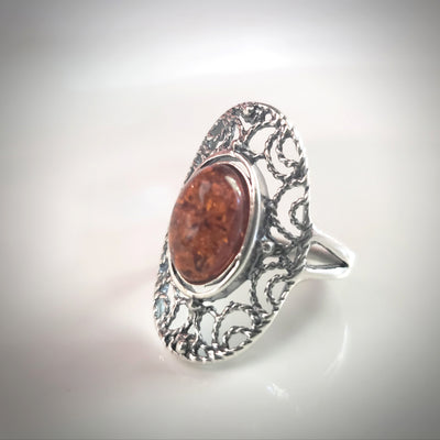 filigree silver oval amber ring