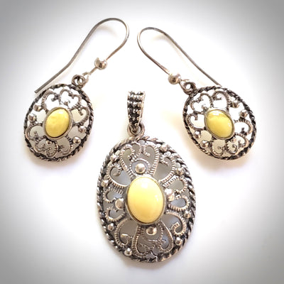 filigree sterling silver amber earrings pendant set