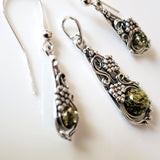 natural green amber in sterling silver earrings pendant set