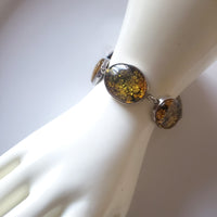 oval green beads link bracelet in silver