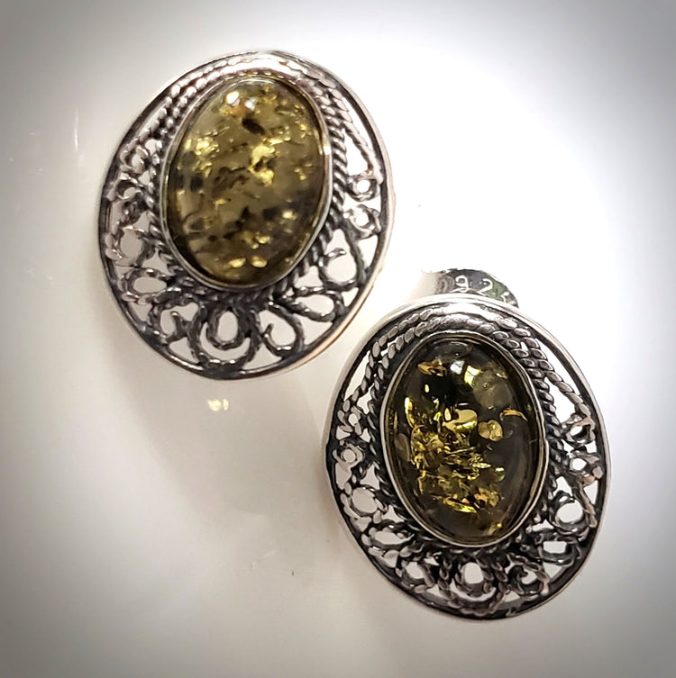 green amber oval post earrings