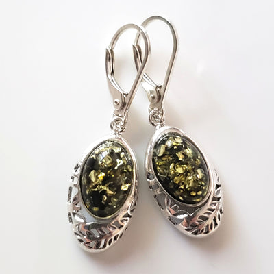 oval green amber in filigree sterling silver earrings 
