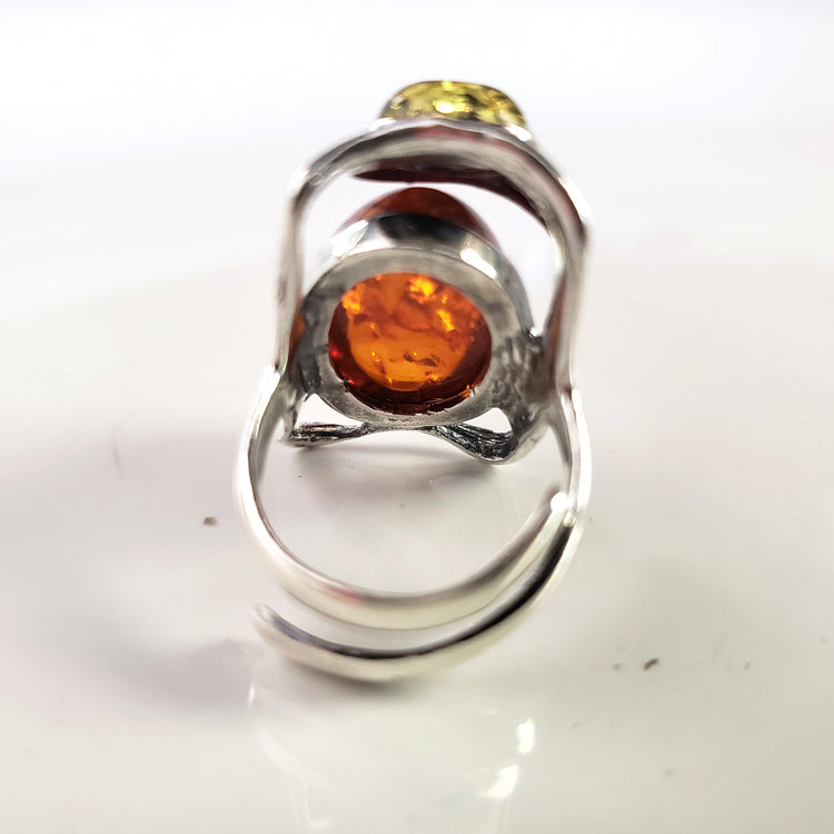 Adjustable Cognac Amber Ring in Gold Plated Sterling Silver.
