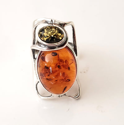 Cognac & Green Amber Large Sterling Silver Adjustable Ring BuyRussianGifts Store