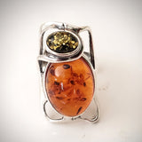cognac green amber ring in silver