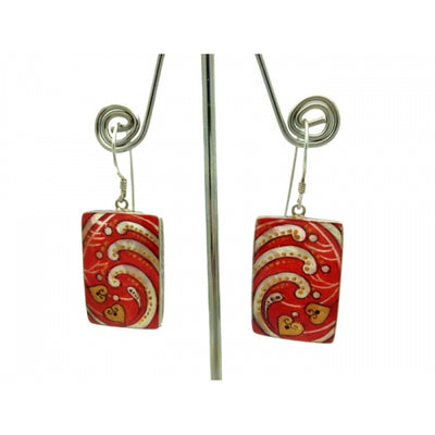 Hand painted Mother of Pearl Red Rectangular Earrings