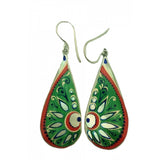 Hand Painted Mother of Pearl Long Green Silver Earrings