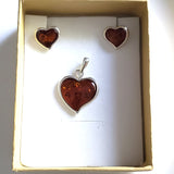 amber heart pendant earrings set in box