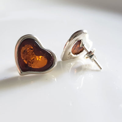 amber silver heart stud earrings
