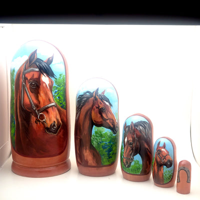 Five different images  of horses