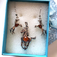 horse silver amber earrings pendant jewelry set
