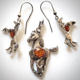 horse silver amber earrings pendant jewelry set