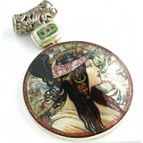 Large Mother of Pearl Silver Pendant Inspired by “The Brunette” Alphonse Mucha