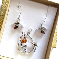 hummingbird with rose silver pendant earrings  jewelry set
