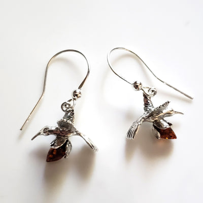 hummingbird with rose silver earrings