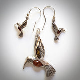 Hummingbird silver amber jewelry set