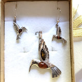 Hummingbird silver amber jewelry set in gift box
