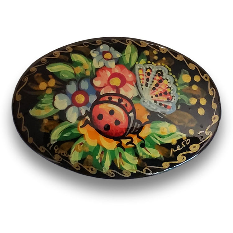 Ladybug on Flowers Hand-Painted Oval Brooch BuyRussianGifts Store
