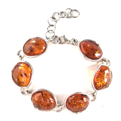 6 large honey amber stone bracelet in silver