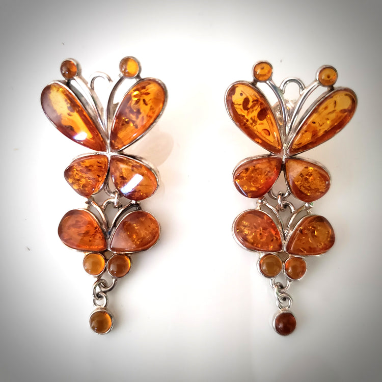 large butterfly long silver amber earrings