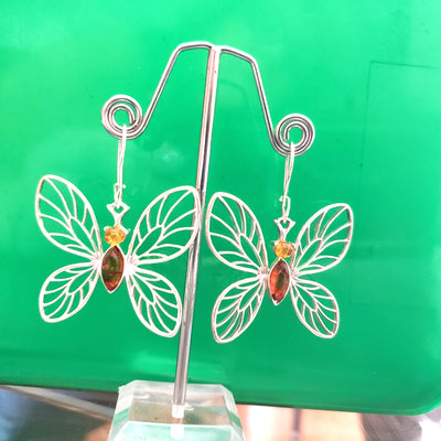 Large butterfly silver amber earrings