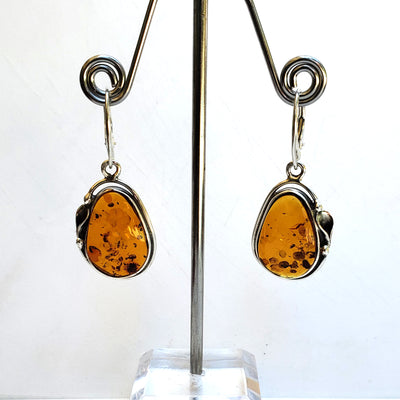 large cognac amber drop silver earrings