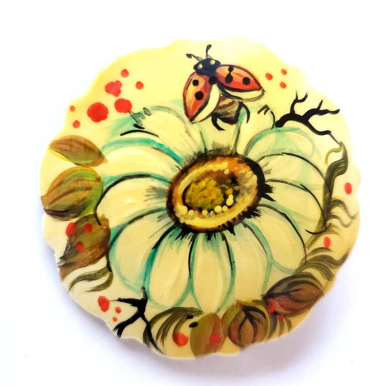 daisy with ladybug hand painted brooch