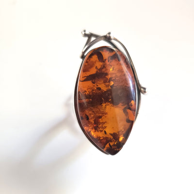 natural cognac amber large oval ring in silver