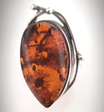 Large natural amber silver ring