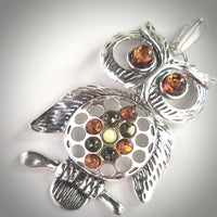 large owl silver amber pendant
