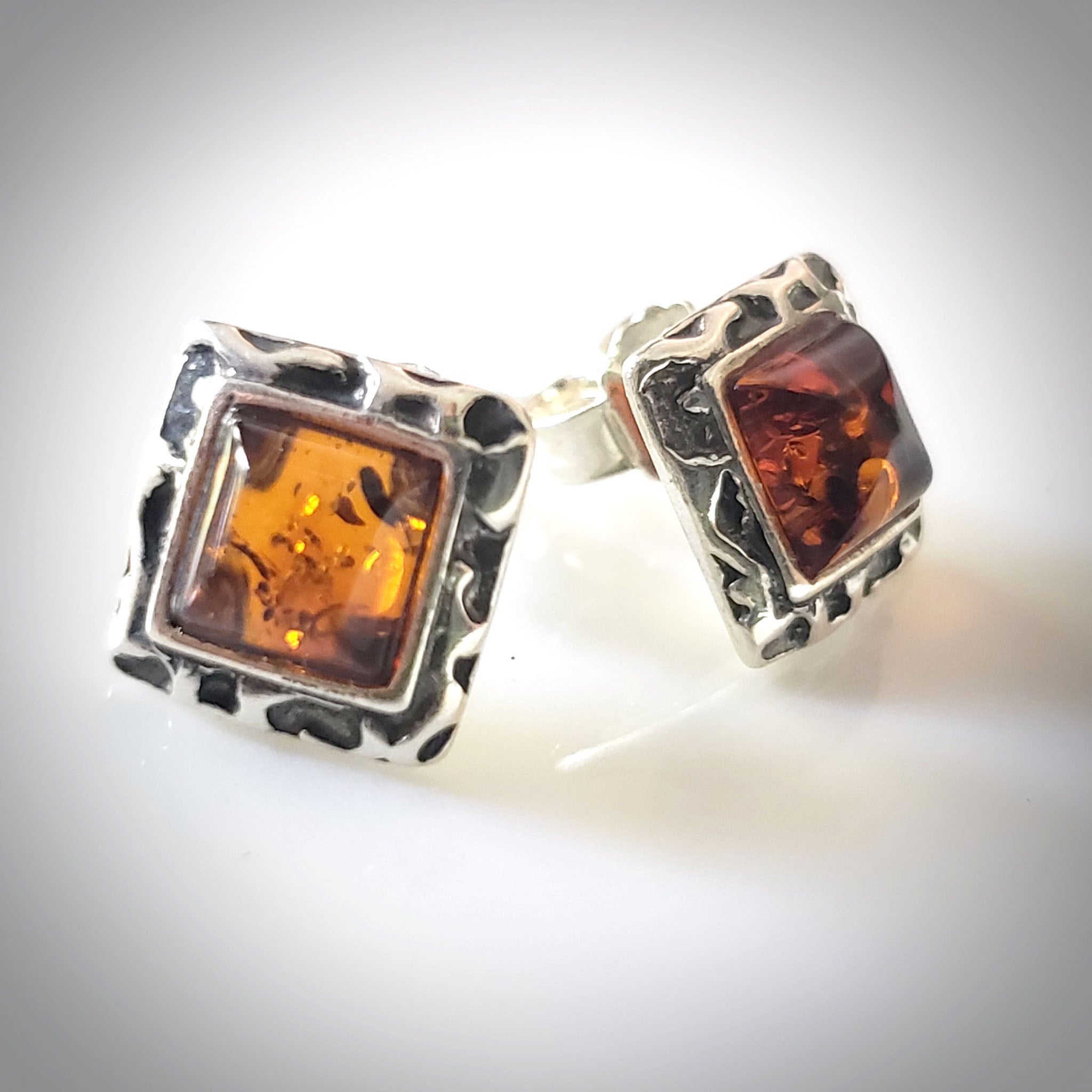 Medium cognac shop amber earrings studs beautiful square Amber stud earrings set on 925e sterling silver great quality Amber jewelry