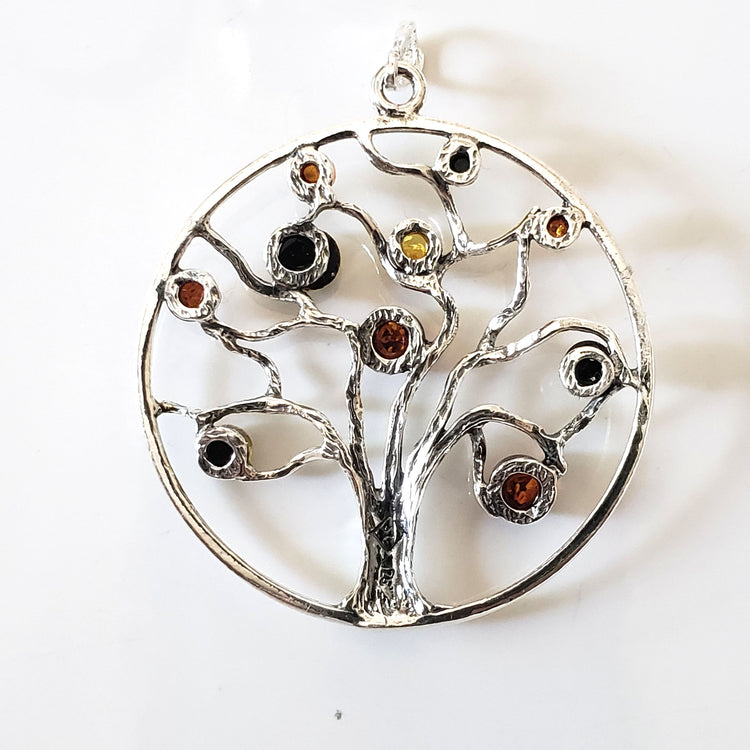 Sterling Silver Multicolor Amber Circle Large Pendant Necklace