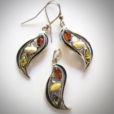 long silver amber earrings pendant set