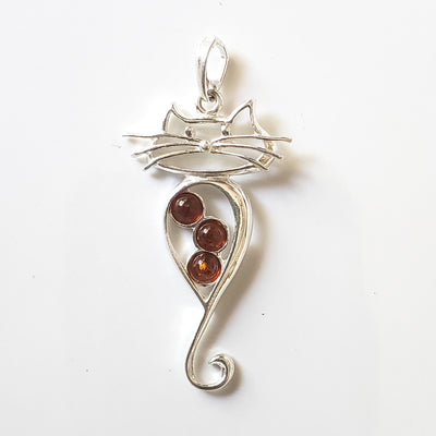 cat sterling silver with natural amber pendant