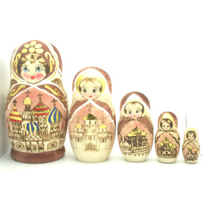 Gold Church Russian Wood Burned Nesting Doll 7" Tall