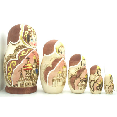 Gold Church Russian Wood Burned Nesting Doll 7" Tall