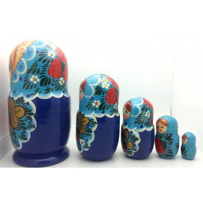 Blue with Strawberry Nesting Doll 6"Tall