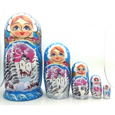 Winter Village Blue Russian Nesting Doll