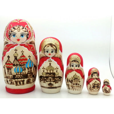 Russian Church Wood-burn red Nesting Doll Set 6 inch