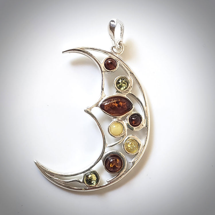 silver amber Crescent Moon pendant