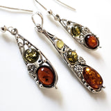 multicolor amber sterling silver earrings & pendant jewelry set